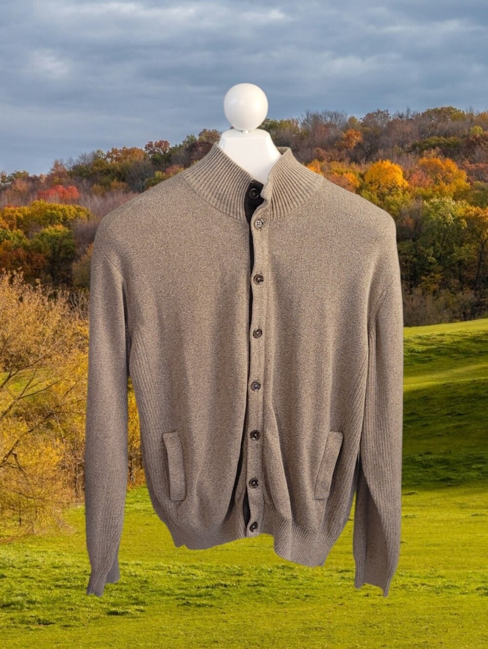 Men's Taupe Button-Up Rib-Knit Sweater Cardigan